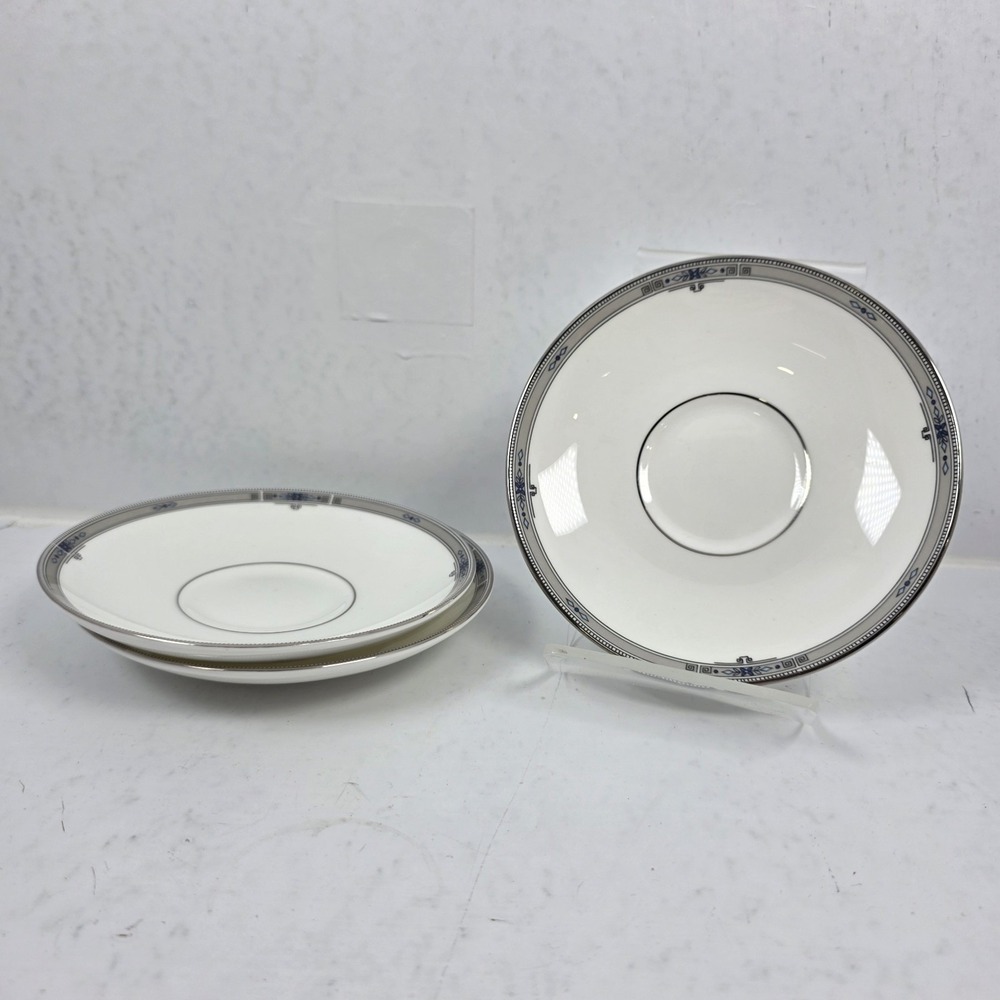 Wedgwood Amherst Bone China Saucer Set of 3 Gray‎ Blue Floral Platinum Trim 1984